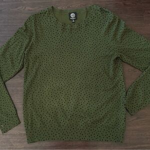 Bobeau olive Green with black Polka Dot crew neck Sweater